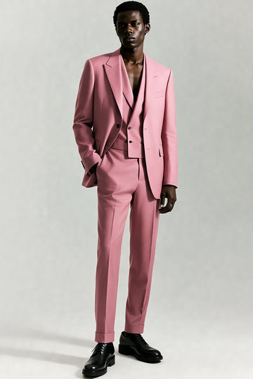 Grey Pink Peak Lapel Single Breasted 3-Piece Men Formal Suits